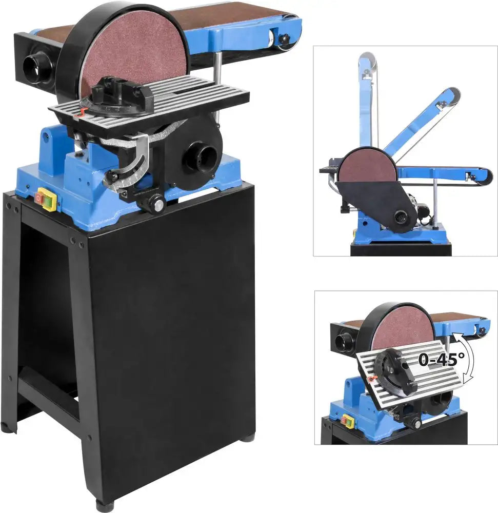 Levigatrice Guede GBTS 1100 con motore da 1100 W, nastro 150×1220 mm e disco Ø230 mm, dotata di aspirazione e supporto orientabile.