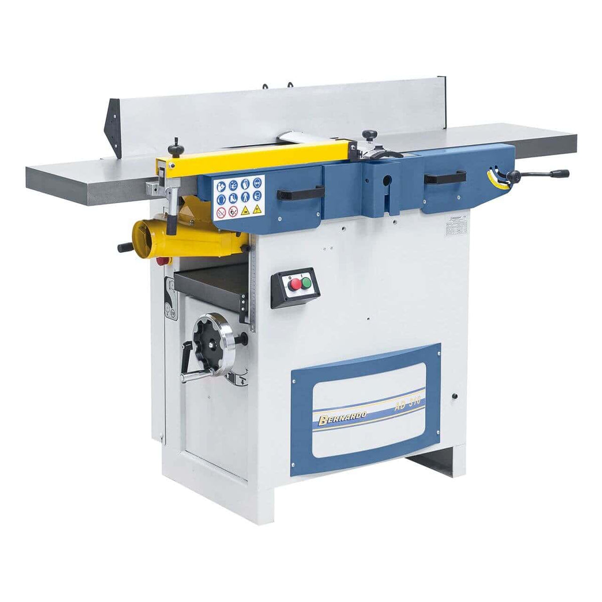Pialla a filo e spessore Bernardo AD 310 400 V con tavoli in ghisa, recinzione inclinabile e gruppo pialla a 4 coltelli HSS, ideale per falegnamerie e officine professionali.