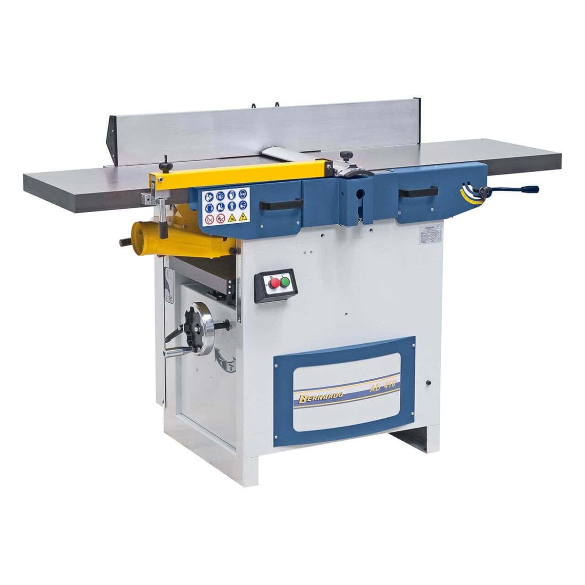 Pialla a filo e spessore Bernardo AD 410 con larghezza di lavoro 410 mm, albero a 4 coltelli HSS e motore 3,0 kW trifase.