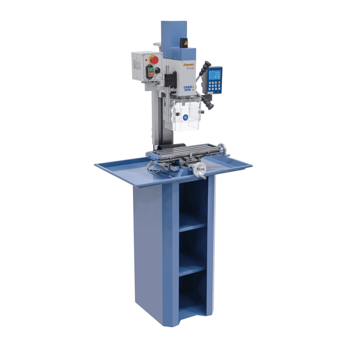 Bernardo KF 16 Vario Mill-Drill with 3-axis DRO DT 40 – drilling Ø 16 mm, face mill Ø 50 mm, table 400 × 120 mm, tilting head -90°/+90°, 0.5 kW motor, 230V single-phase, weight 60 kg