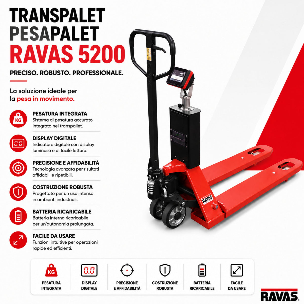 RAVAS 5200 pallet jack scale – 5" touchscreen, multirange 0.2/0.5/1 kg