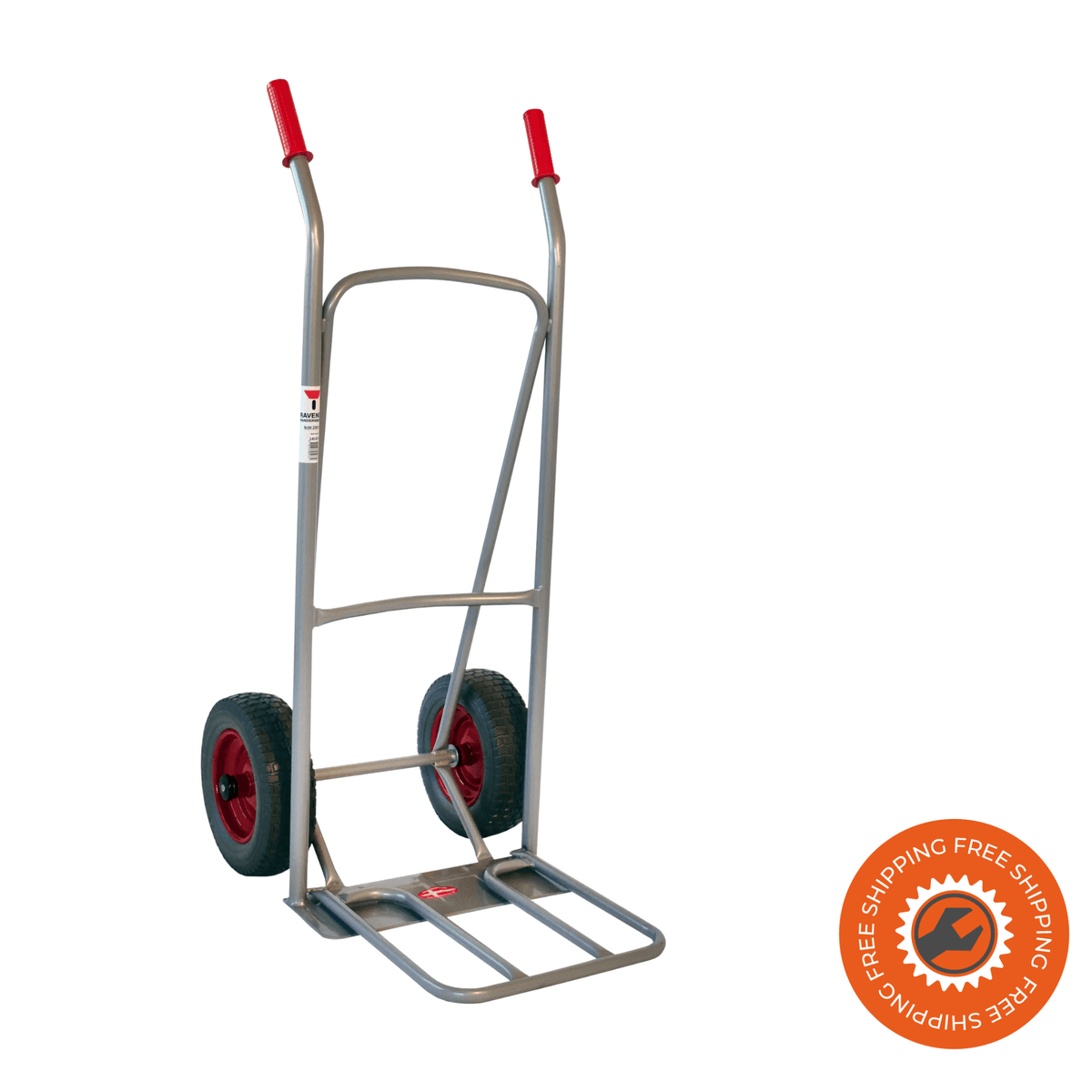 Carrello Ravendo BLM 200 PUR in acciaio argento, con ruote PUR anti-foratura e impugnature ergonomiche rosse e neri.