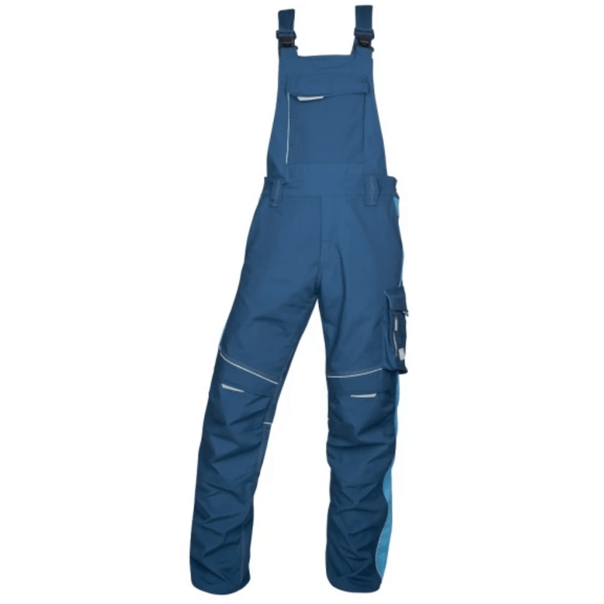 Salopette ARDON® URBAN blu con pettorina, tasche portautensili, ginocchiere rinforzate in CORDURA® ed elementi riflettenti per sicurezza e comfort professionale.