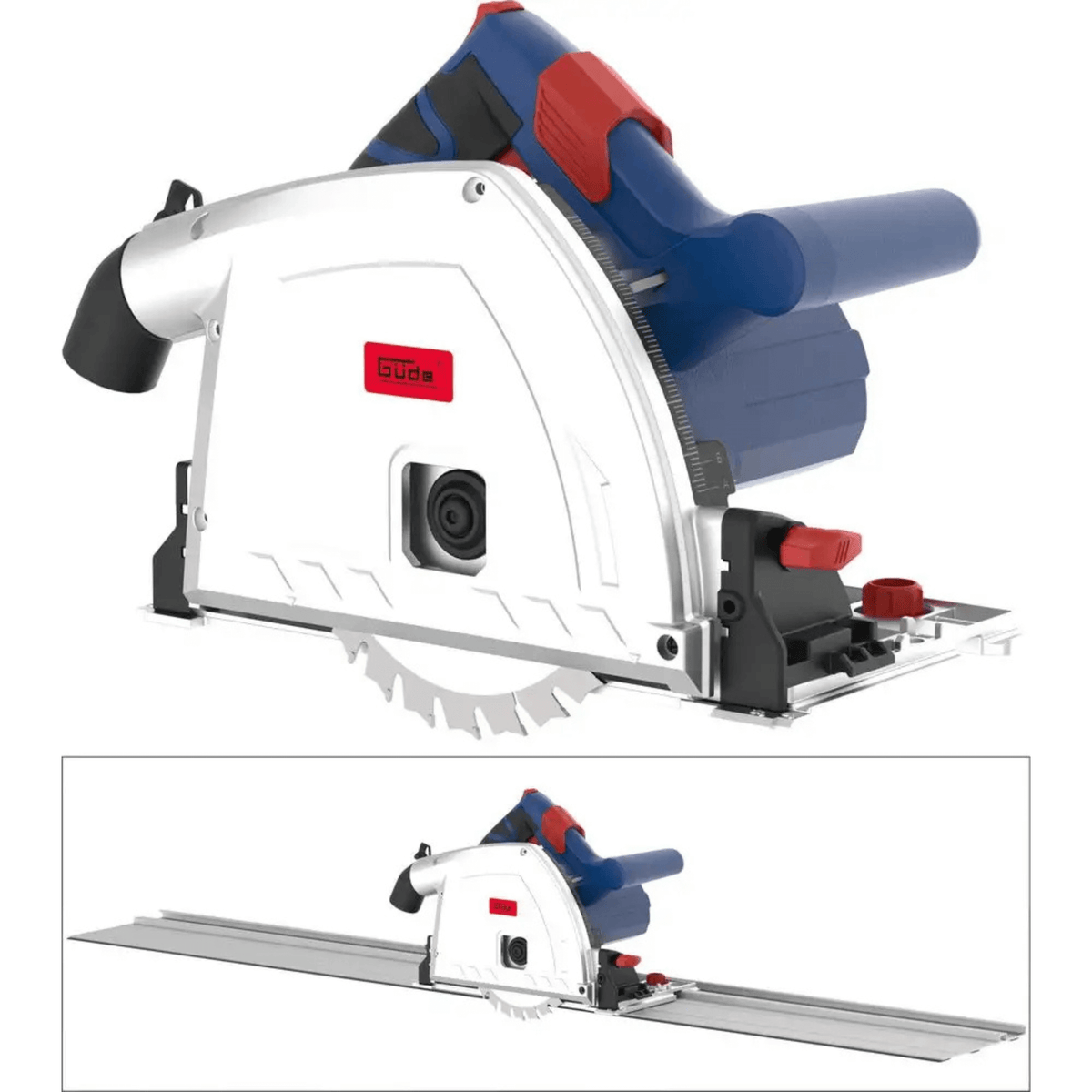 Sega a immersione Guede TS 57-1400 KE con lama HM Ø165 mm, due guide da 700 mm e impugnatura softgrip per tagli precisi e puliti.