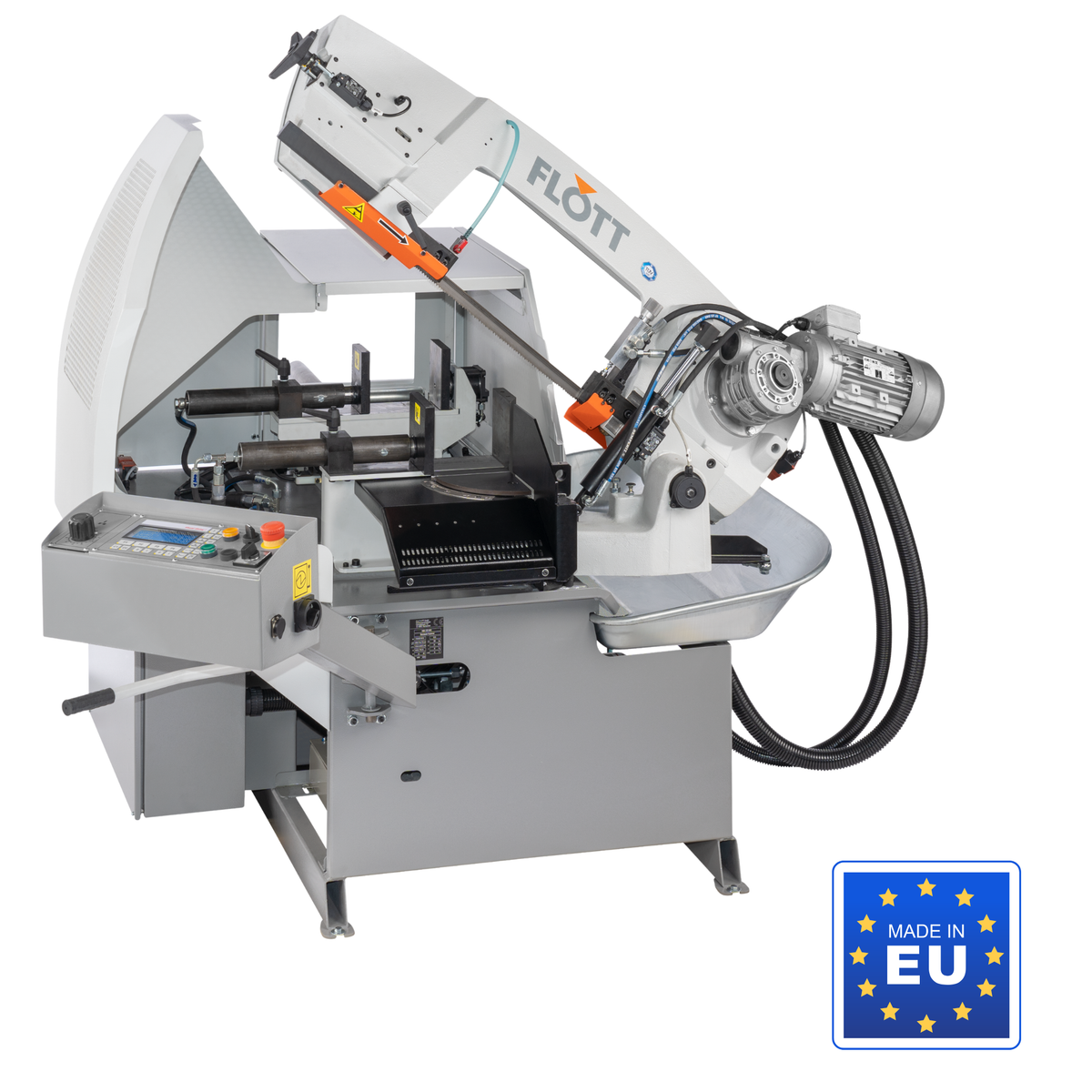 Sega a nastro per metallo Flott HBS 230 ANC con struttura in ghisa, avanzamento automatico e guidalame in metallo duro per tagli precisi.