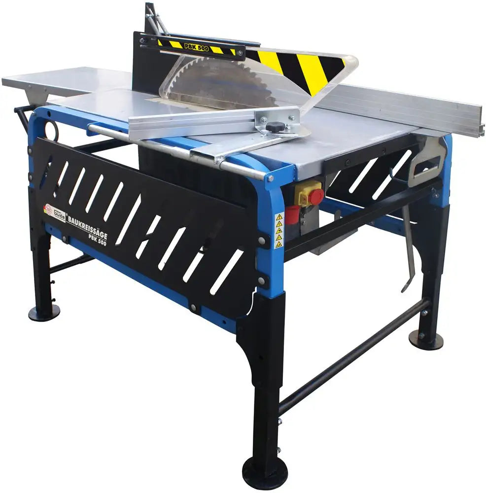 Sega circolare da banco Guede PBK 500 con motore da 3,0 kW, lama HM Ø500 mm, altezza taglio 175 mm e piano regolabile, ideale per legno da costruzione.