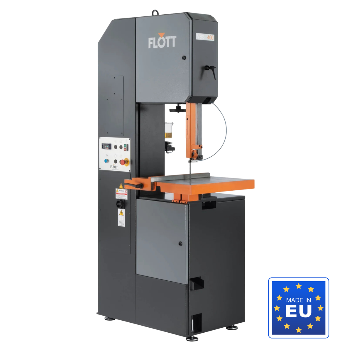 Segatrice a nastro verticale Flott VBS 400 Plus per metallo, con motore da 4,0 kW, velocità variabile 50–1000 m/min e struttura saldata di precisione.