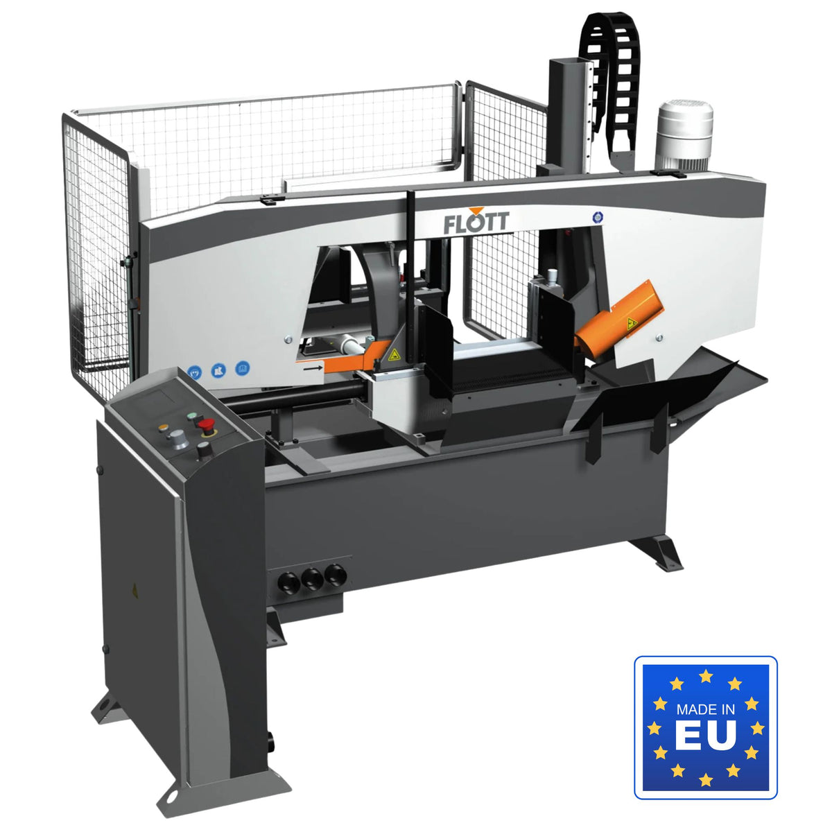 Segatrice a nastro orizzontale Flott HBS 350 SANC, automatica a 2 colonne, 3 kW, con guida lama HM, controllo digitale e trasportatore trucioli integrato.