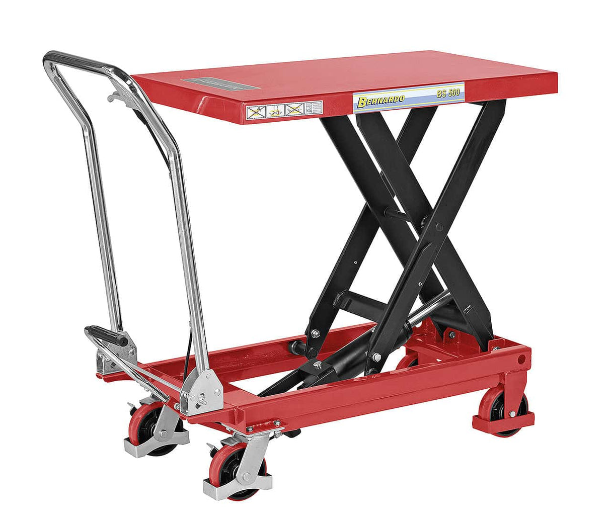 Bernardo BS 500 manual hydraulic lift table – capacity 500 kg, height 290-885 mm, table 845 × 500 mm, weight 81 kg