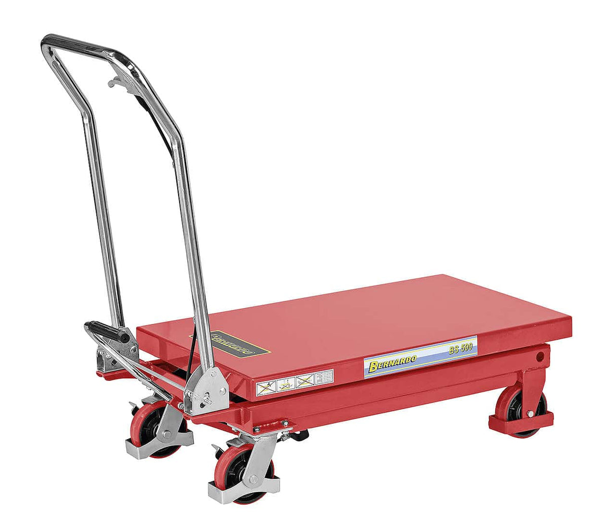 Bernardo BS 500 manual hydraulic lift table – capacity 500 kg, height 290-885 mm, table 845 × 500 mm, weight 81 kg