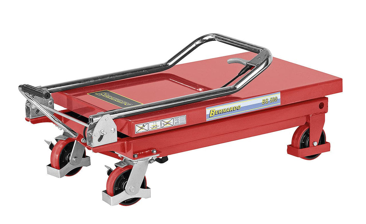 Bernardo BS 500 manual hydraulic lift table – capacity 500 kg, height 290-885 mm, table 845 × 500 mm, weight 81 kg