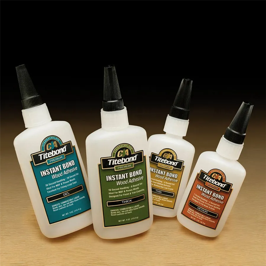 Linea completa di Titebond Instant Bond: colla istantanea disponibile in 4 viscosità diverse per soddisfare ogni esigenza di incollaggio rapido e resistente.