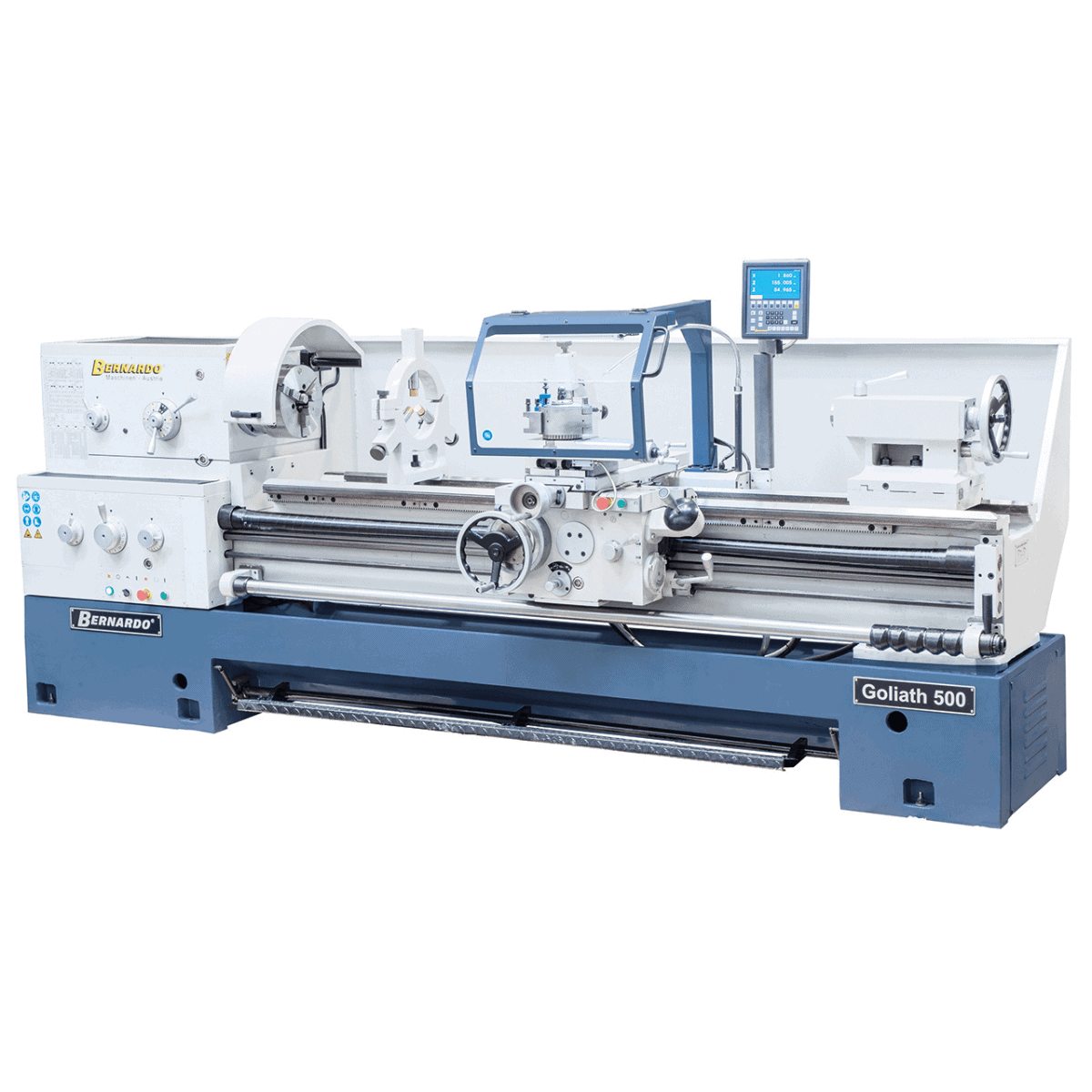 Tornio parallelo Bernardo Goliath 500 x 3000 con capacità di tornitura Ø 500 mm e distanza tra le punte 3000 mm, completo di DRO 3 assi e accessori standard.