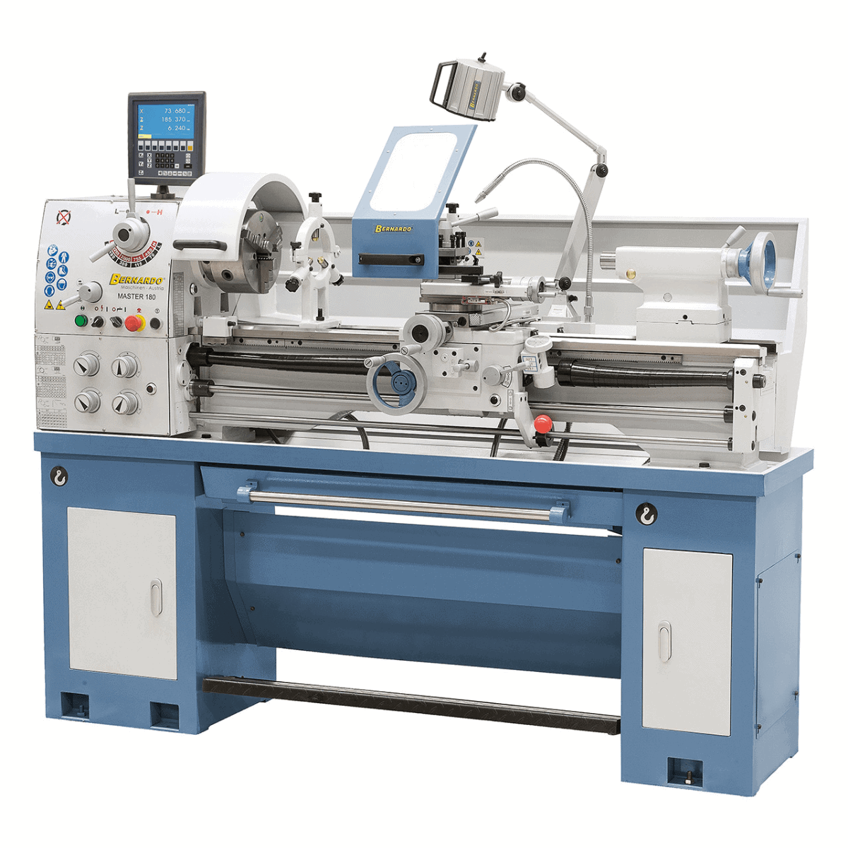 Tornio parallelo Bernardo Master 180 con distanza punte 1000 mm, foro mandrino 51 mm e accessori completi inclusi.