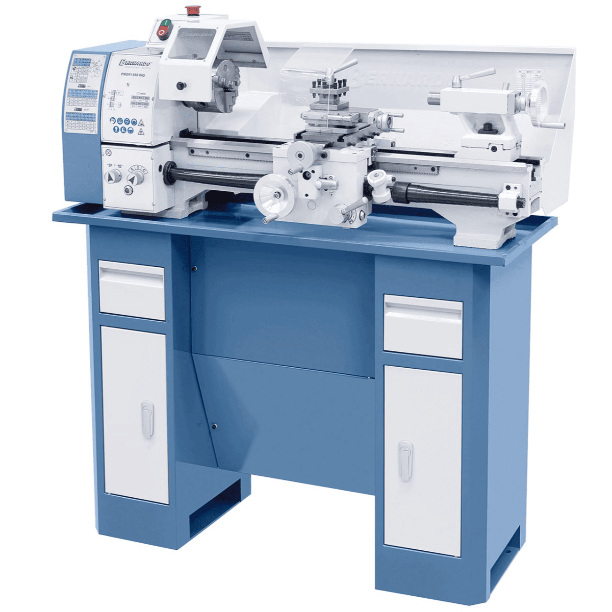 Il tornio da banco Profi 550 WQ con struttura robusta, mandrino a 3 griffe da 125 mm e componentistica di precisione, ideale per lavorazioni professionali e hobbistiche.
