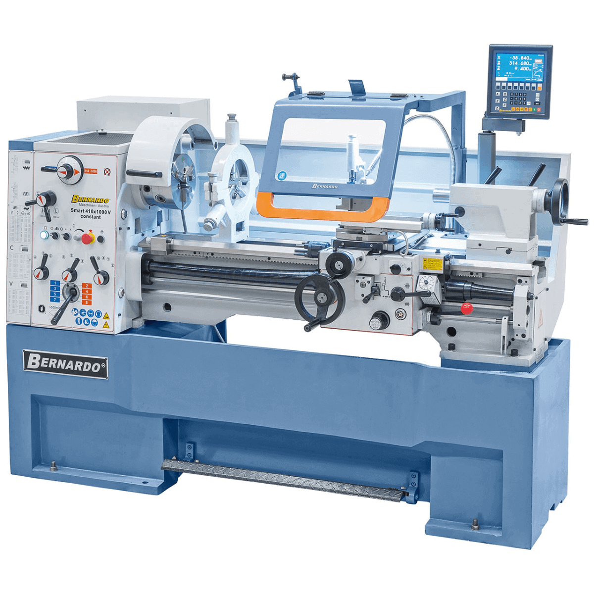 Tornio Bernardo Smart 410 x 1500 V-constant con distanza tra le punte 1500 mm, foro mandrino 52 mm e motore 5,5 kW, completo di mandrino 200 mm, piatto frontale e DRO.