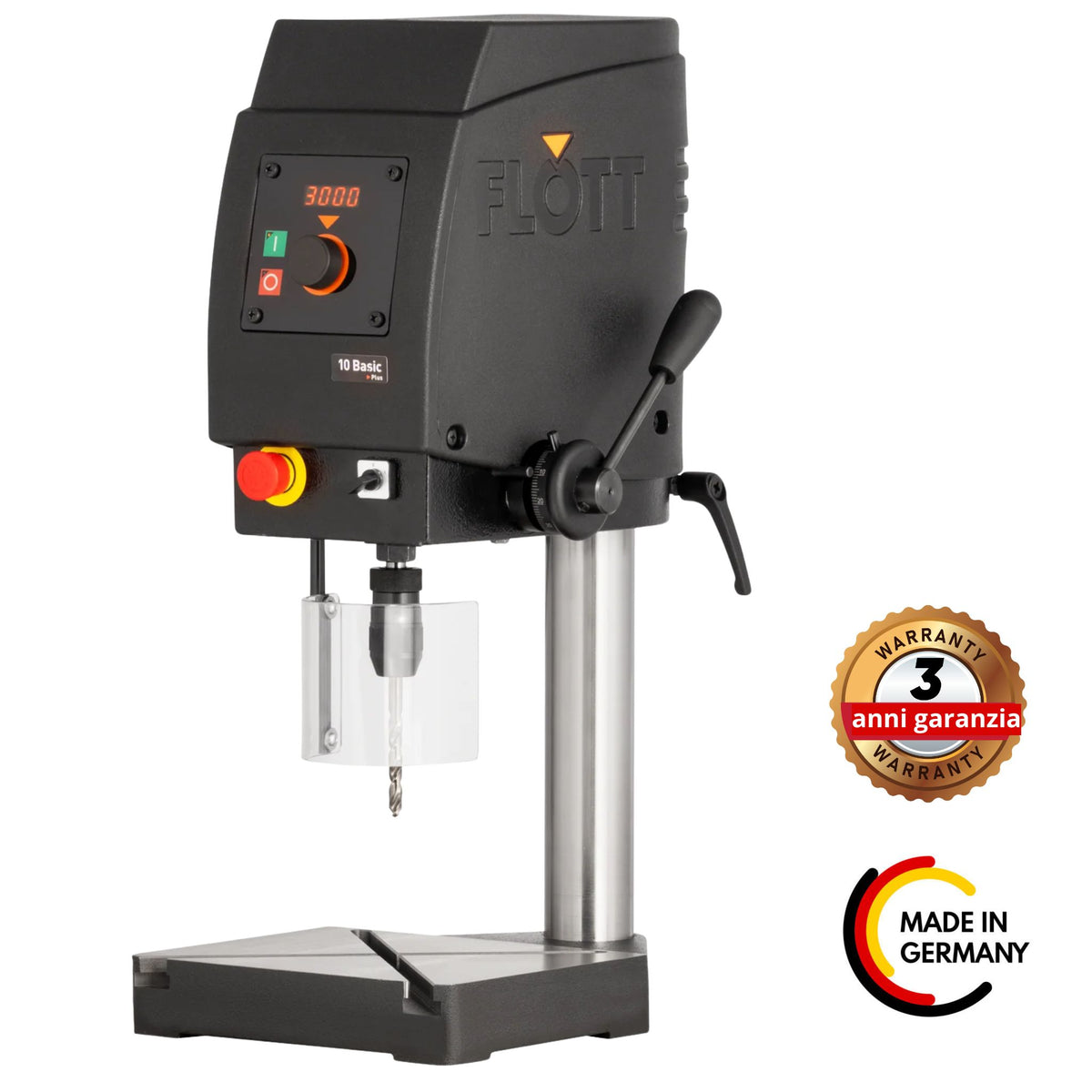 Trapano da banco Flott TB 10 Basic Plus 230 V con display digitale, illuminazione LED e velocità regolabile per forature precise fino a 12 mm.