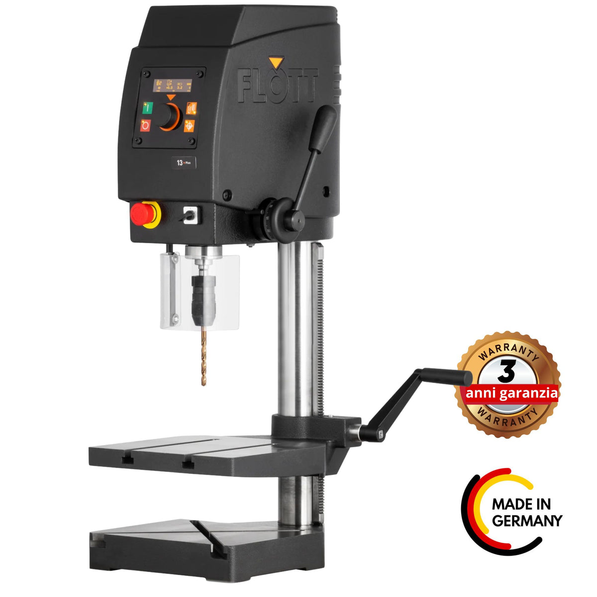 Trapano da banco Flott TB 13 Plus 230 V con display OLED digitale, illuminazione LED e funzione di filettatura elettronica fino a M10.