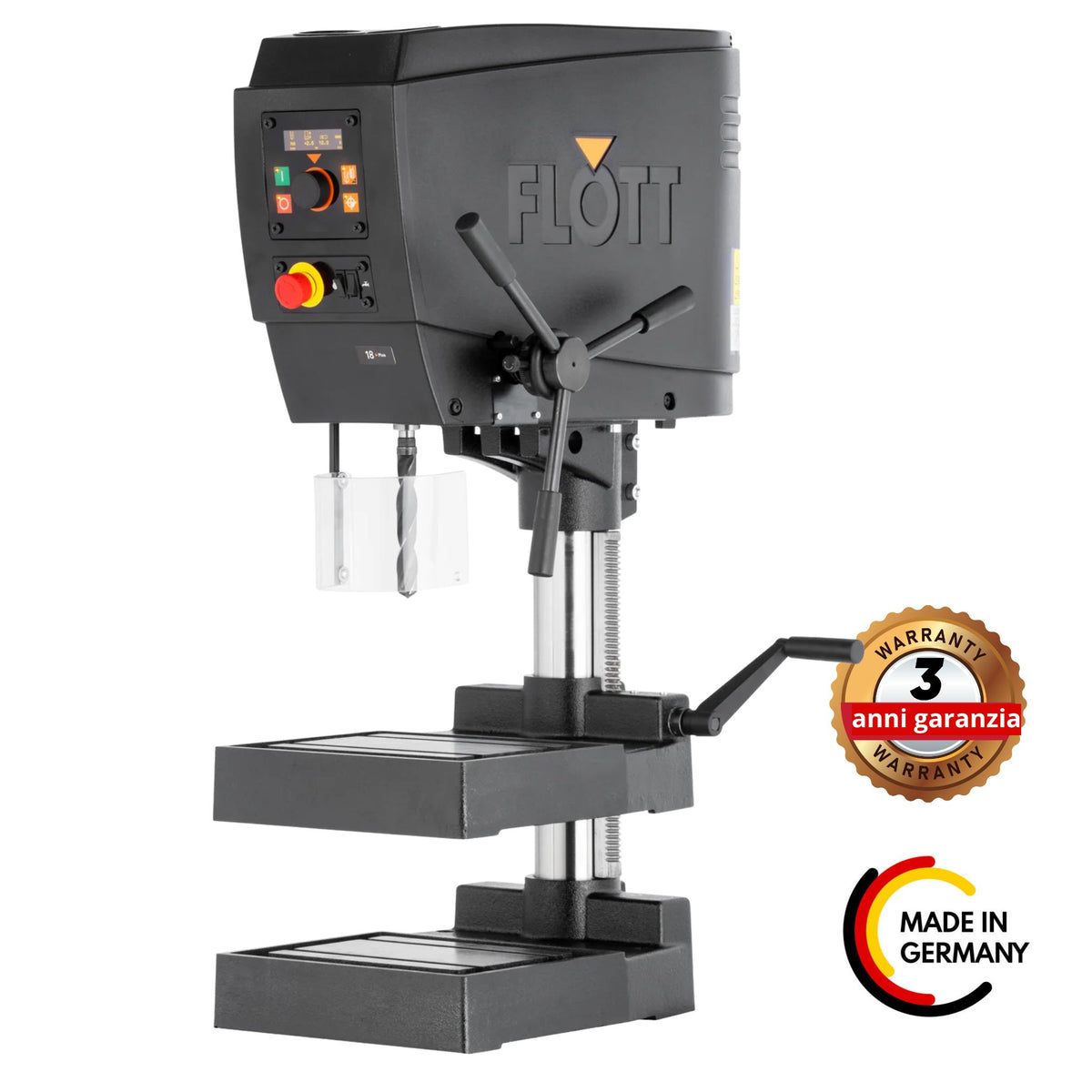 Trapano da banco Flott TB 18 Plus 230 V con motore a frequenza controllata, display OLED digitale, illuminazione LED e funzione di filettatura fino a M12.
