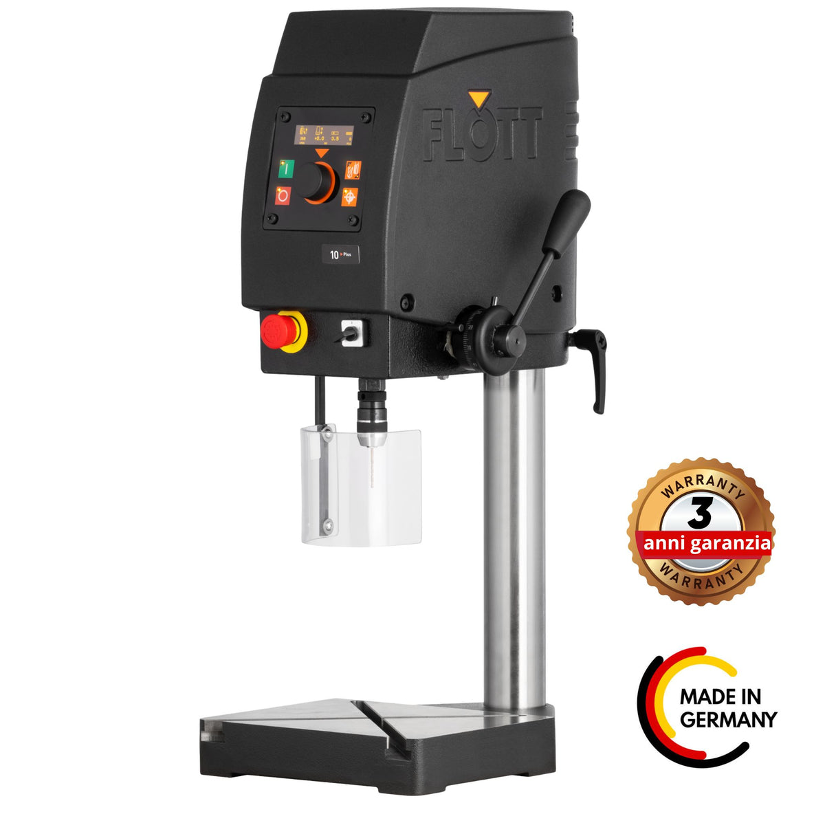 Trapano da banco TB 10 Plus 230 V con motore a frequenza controllata, display OLED, illuminazione LED e funzione di filettatura fino a M6.