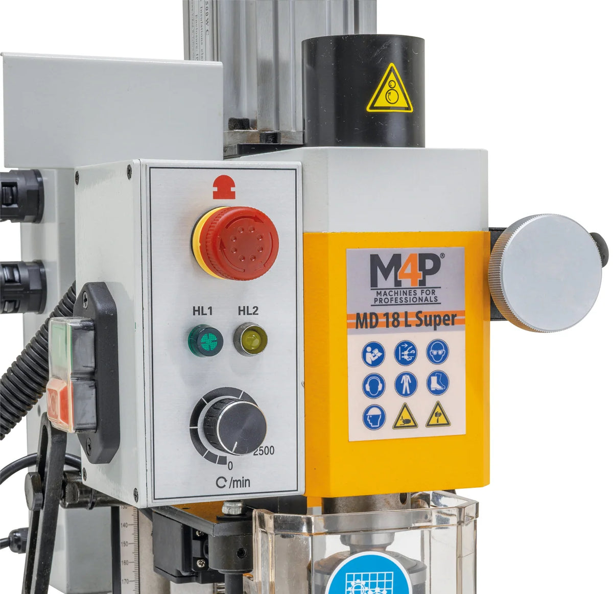 Pannello comandi della trapano-fresatrice M4P MD 18 L Super / 230 V con arresto di emergenza e manopola di regolazione della velocità