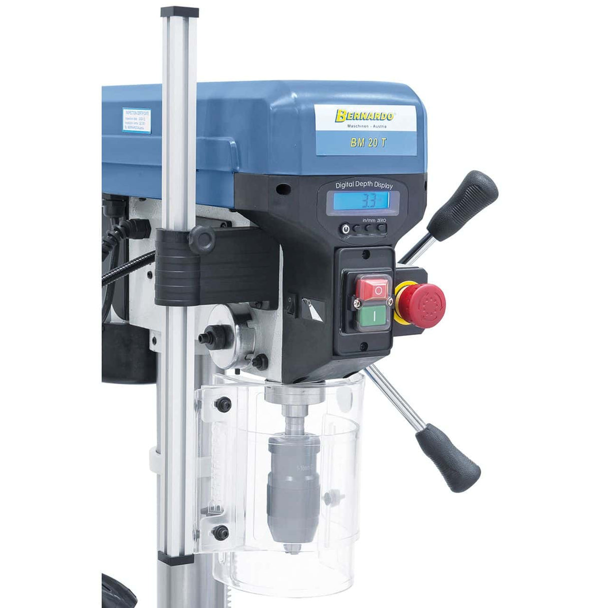 Bernardo BM 20 T Bench Pillar Drill / 400 V with digital display and LED – drilling Ø 20 mm, MT 2 taper, 16 speeds 220-2,840 rpm, 0.55 kW 400V three-phase motor, weight 45 kg