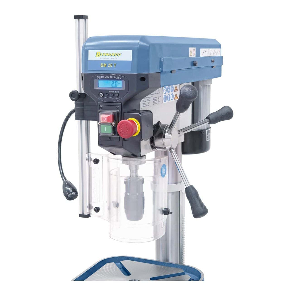 Bernardo BM 20 T Bench Pillar Drill / 400 V with digital display and LED – drilling Ø 20 mm, MT 2 taper, 16 speeds 220-2,840 rpm, 0.55 kW 400V three-phase motor, weight 45 kg
