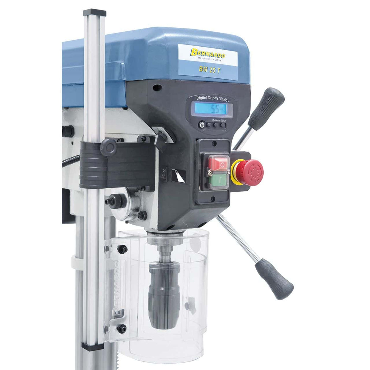 Bernardo Bench Drill BM 25 T / 400 V with digital display and LED – drilling Ø 25 mm, MT 2 taper, 16 speeds 220-2,840 rpm, 0.75 kW 400V three-phase motor, R/L rotation, weight 57 kg