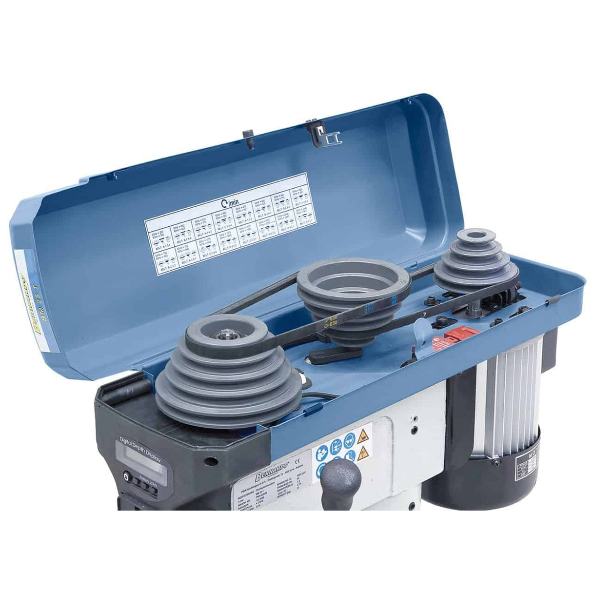 Bernardo Bench Drill BM 25 T / 400 V with digital display and LED – drilling Ø 25 mm, MT 2 taper, 16 speeds 220-2,840 rpm, 0.75 kW 400V three-phase motor, R/L rotation, weight 57 kg