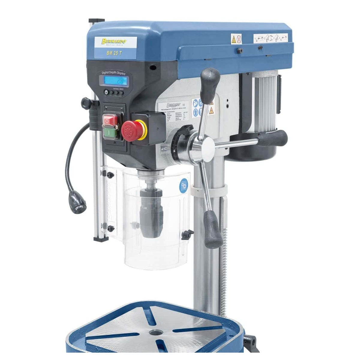 Bench drill Bernardo BM 25 T / 230 V with digital display and LED – drilling Ø 25 mm, taper MT 2, 16 speeds 220-2,840 rpm, motor 0.75 kW 230V, weight 57 kg