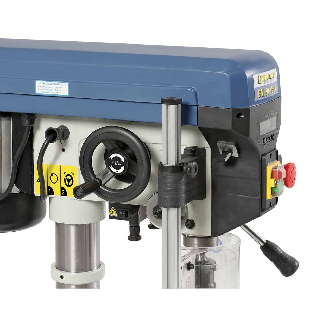 Bernardo BM 20 Vario Bench Drill / 230 V with Vario Speed and Laser – drilling Ø 20 mm, MT 2 taper, continuous speed 400-1,950 rpm, digital speed+stroke display, 0.75 kW 230V motor, weight 57 kg