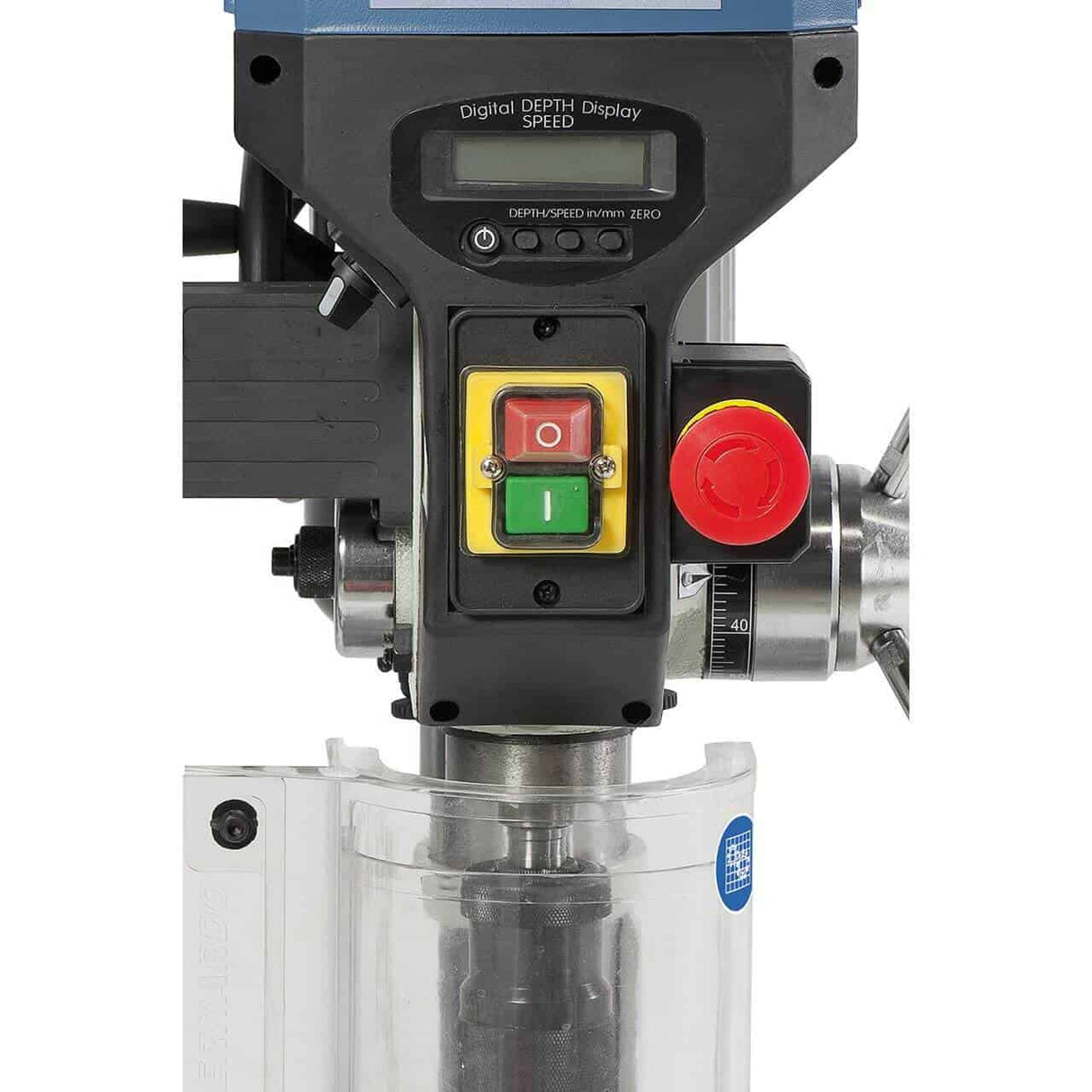 Bernardo Pillar Drill SBM 20 Vario / 400 V with Vario Speed and Laser – drilling Ø 20 mm, MT 2 taper, continuous speed 400-1,950 rpm, spindle-to-table distance 690 mm, 0.90 kW 400V three-phase motor, R/L rotation, weight 68 kg