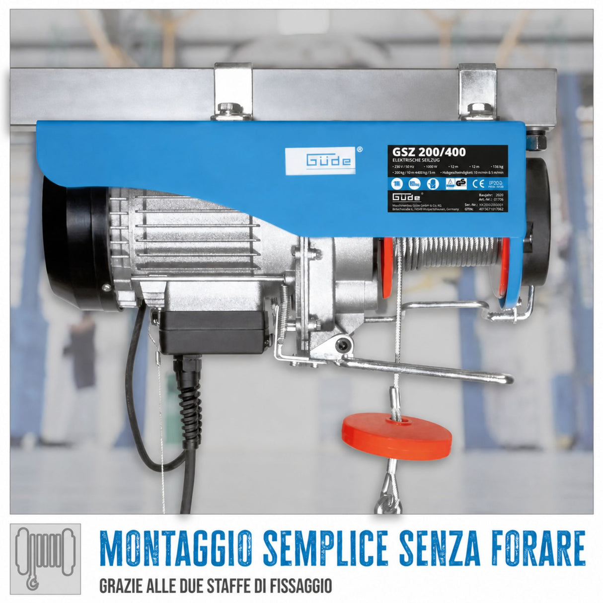 Güde GSZ 200/400 electric hoist – 200 kg capacity direct pull or 400 kg with pulley, 12 m rope