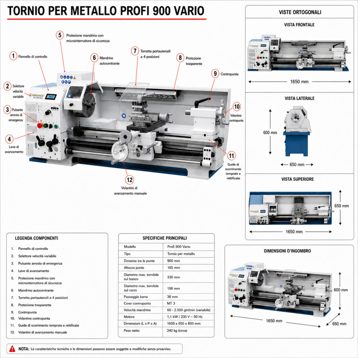 Bernardo Metal Lathe Profi 900 Vario - 230 V