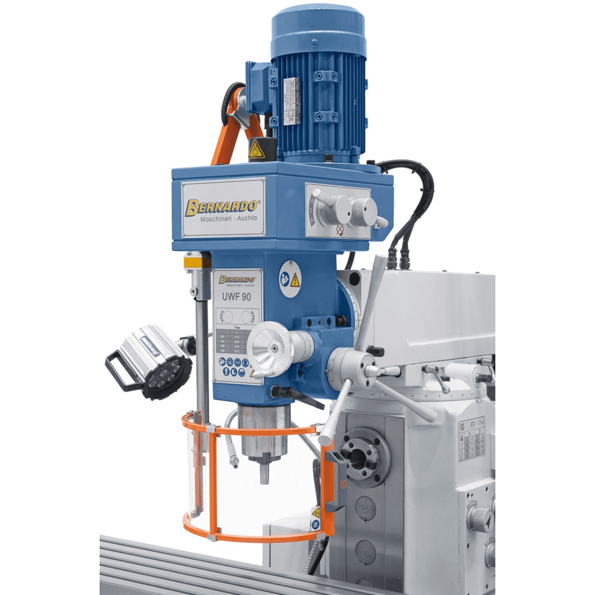 Bernardo UWF 90-1270 Universal Milling Machine – ISO 40, dual spindle, 1,270×280 mm table, 0.85/1.5 kW vertical motor, 3-axis DRO