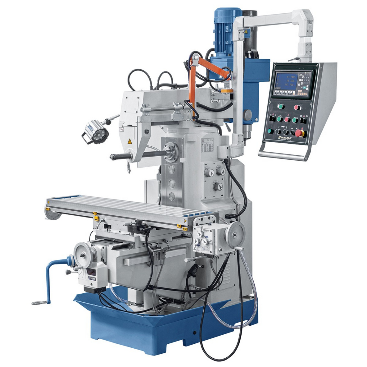 Bernardo UWF 90-1270 Universal Milling Machine with DRO ES-12 H + pneumatic clamping DIN 2080 – table 1,270 × 280 mm, ISO 40, vertical + horizontal spindles, 1.5+2.2 kW motor, 1,300 kg weight