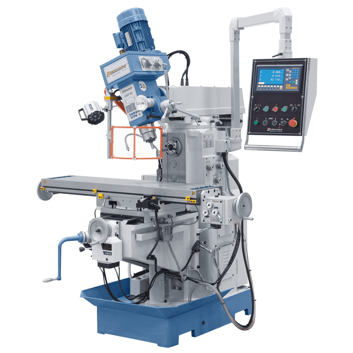 Bernardo UWF 90-1270 Universal Milling Machine – ISO 40, dual spindle, 1,270×280 mm table, 0.85/1.5 kW vertical motor, 3-axis DRO