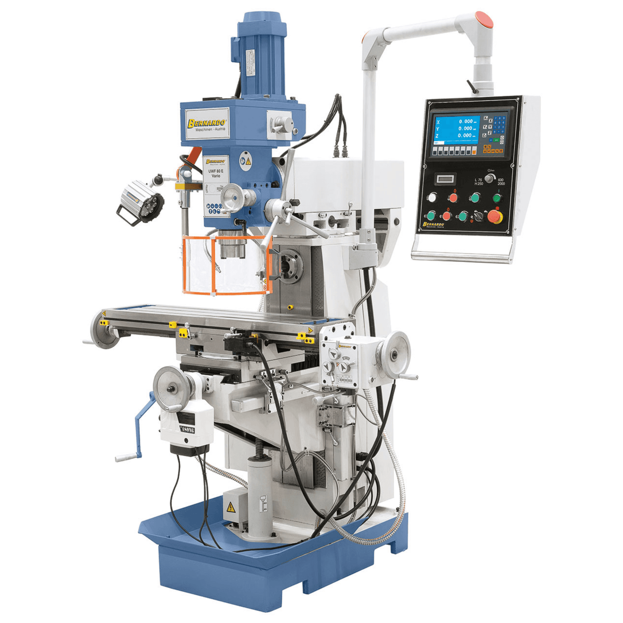 Bernardo UWF 80 E Vario Universal Milling Machine – ISO 40, variable speed vertical spindle (Delta-Frequency inverter), ES-12 H 3-axis DRO