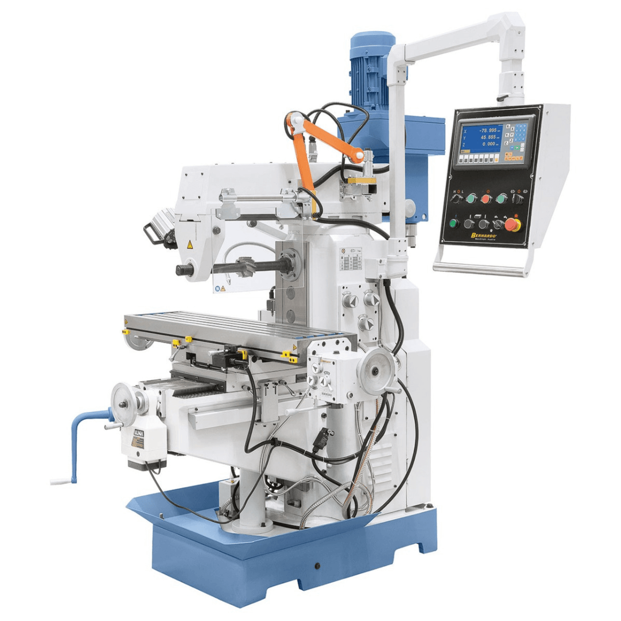 Bernardo UWF 90-1270 Universal Milling Machine – ISO 40, dual spindle, 1,270×280 mm table, 0.85/1.5 kW vertical motor, 3-axis DRO