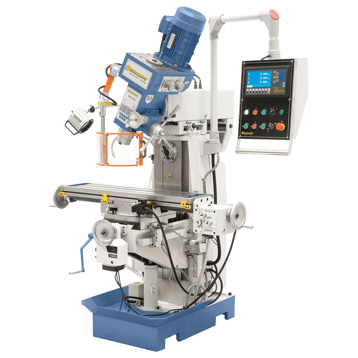 Bernardo UWF 80 E Universal Milling Machine – ISO 40 vertical and horizontal, 3-axis DRO ES-12 H, table 1,000×240 mm tiltable ±45°