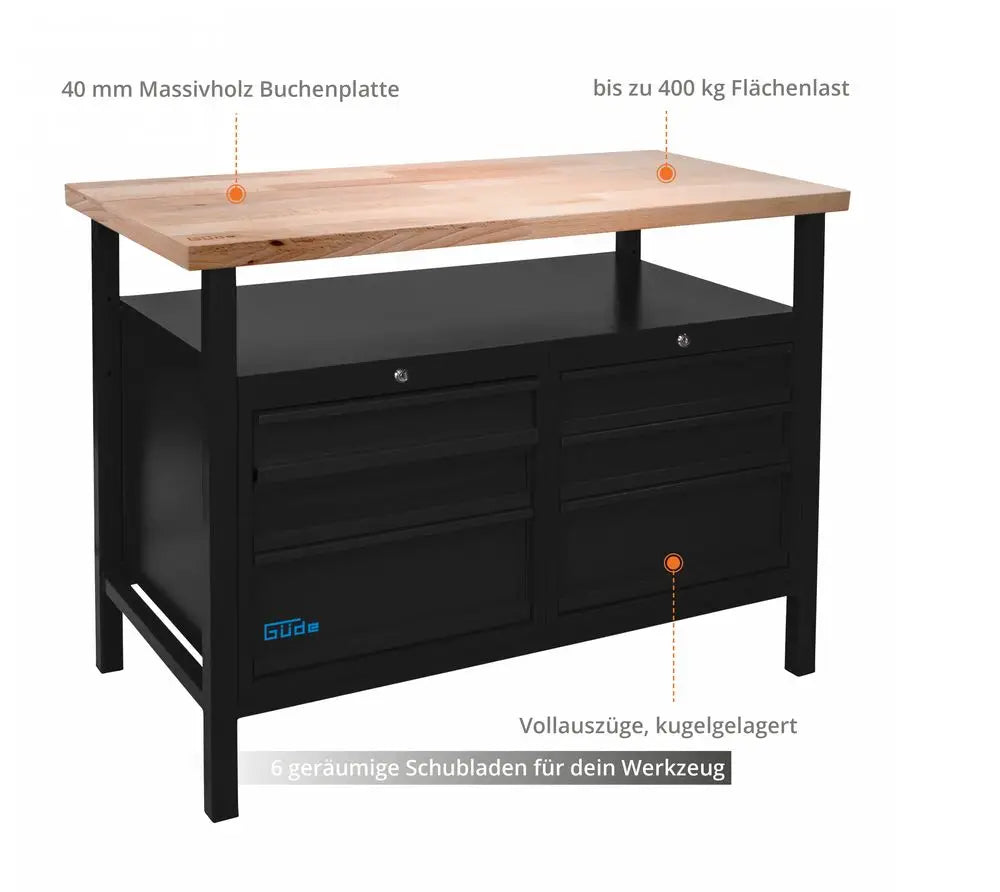 Guede workbench P 1200 SS Black Line with 6 drawers