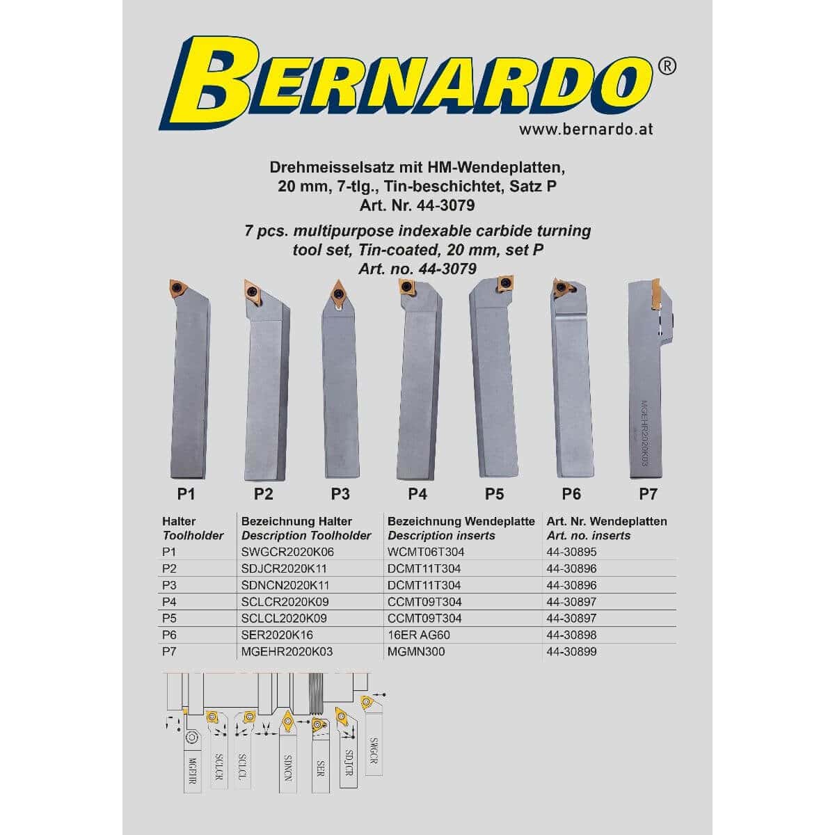 Bernardo Cutting Tool Lathe Tool Set with Carbide Inserts, 20 mm, Set P