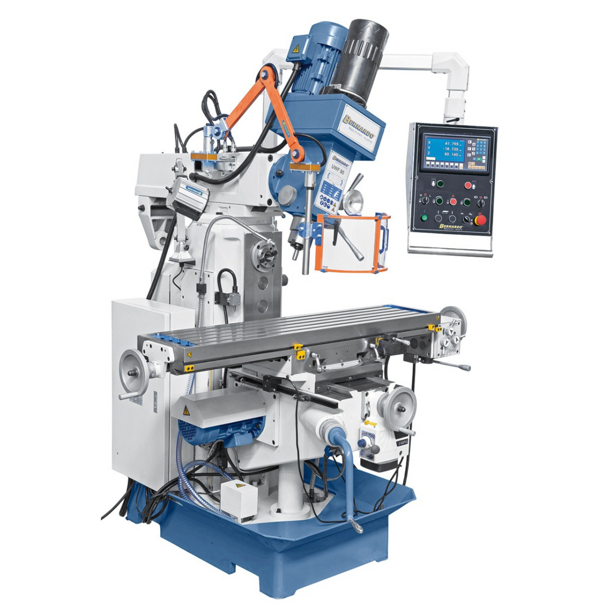Bernardo UWF 90-1270 Universal Milling Machine with DRO ES-12 H + pneumatic clamping DIN 2080 – table 1,270 × 280 mm, ISO 40, vertical + horizontal spindles, 1.5+2.2 kW motor, 1,300 kg weight
