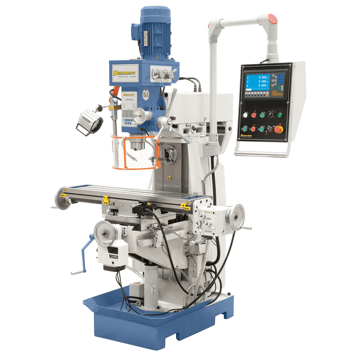 Bernardo UWF 80 E Universal Milling Machine – ISO 40 vertical and horizontal, 3-axis DRO ES-12 H, table 1,000×240 mm tiltable ±45°