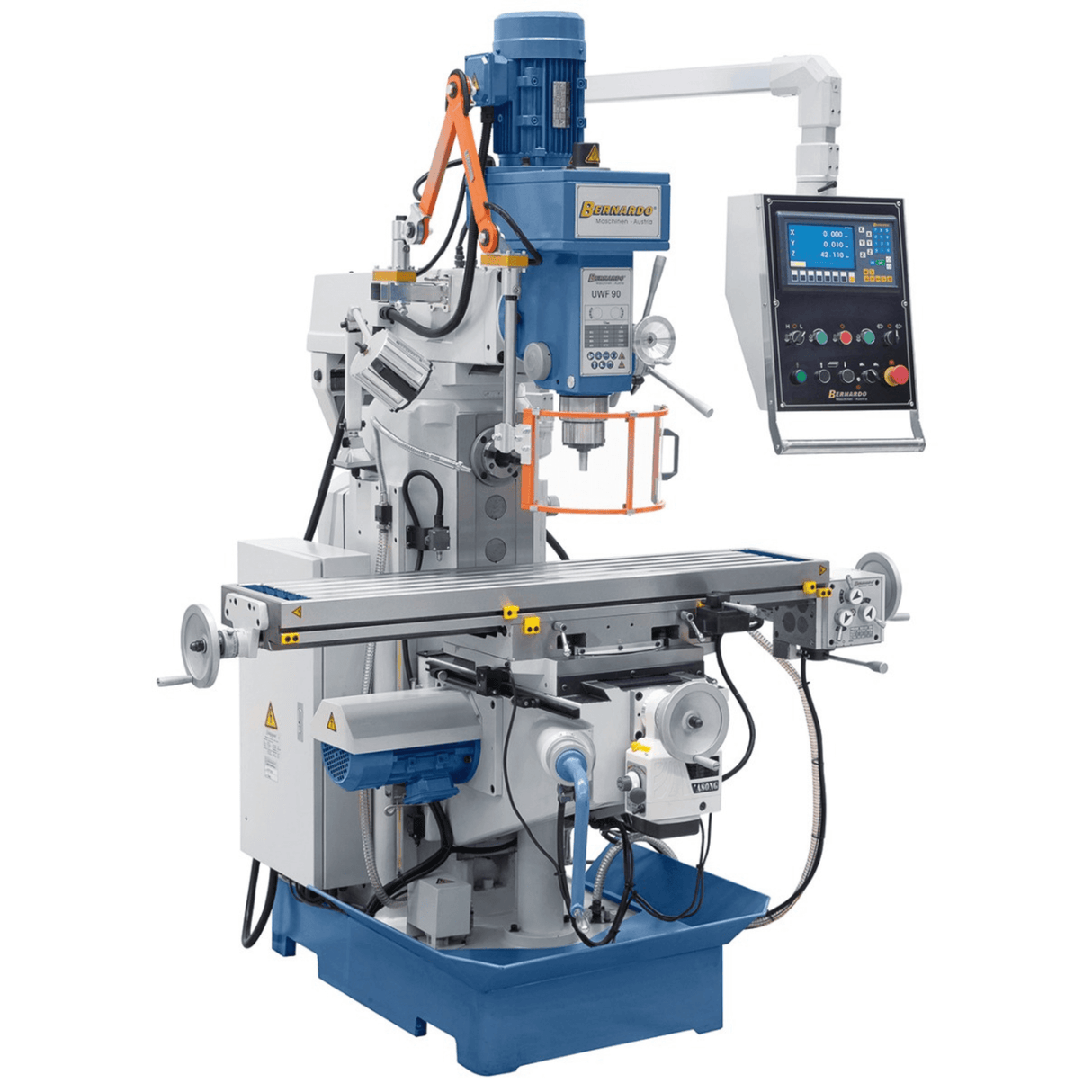 Bernardo UWF 90-1270 Universal Milling Machine – ISO 40, dual spindle, 1,270×280 mm table, 0.85/1.5 kW vertical motor, 3-axis DRO