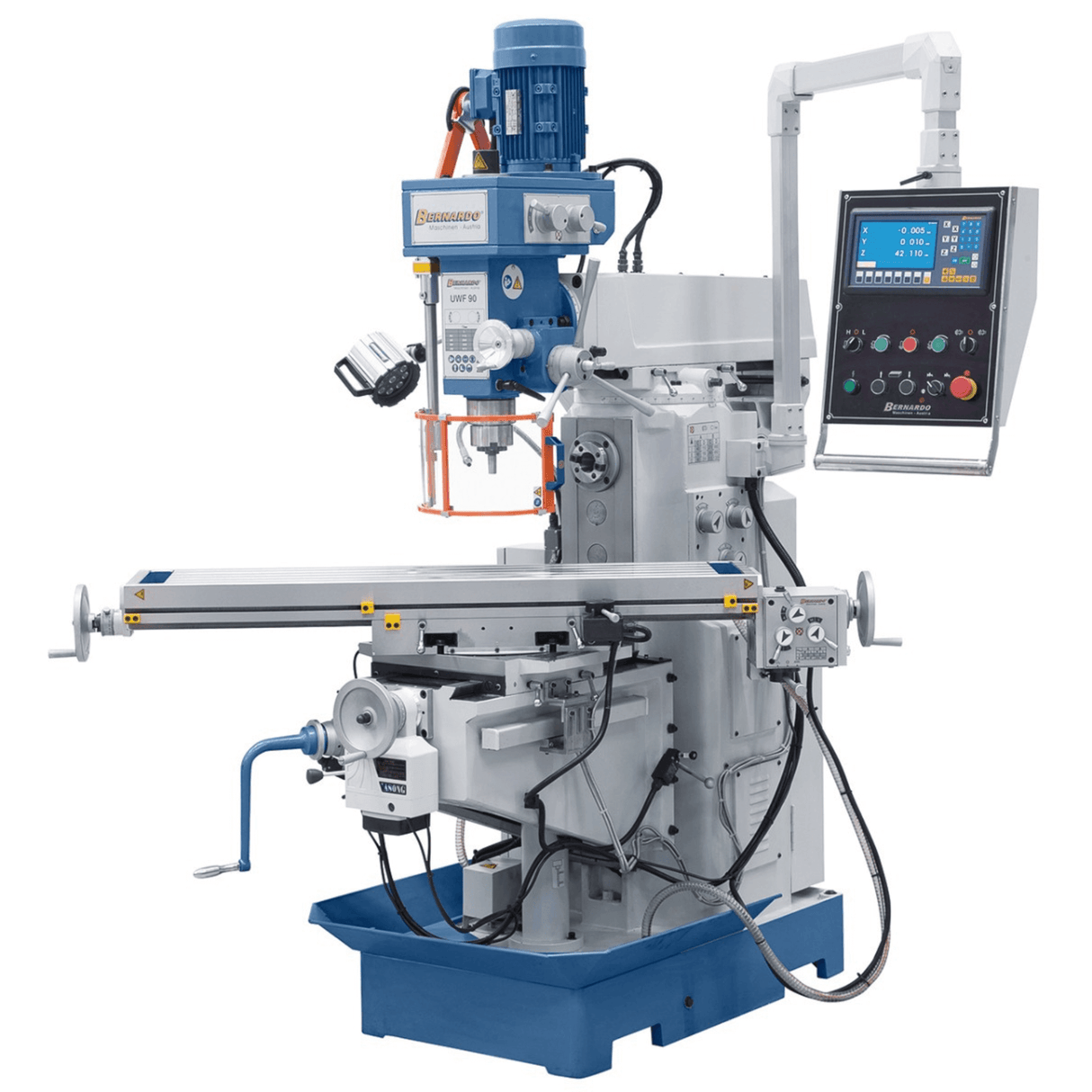 Bernardo UWF 90-1270 Universal Milling Machine – ISO 40, dual spindle, 1,270×280 mm table, 0.85/1.5 kW vertical motor, 3-axis DRO