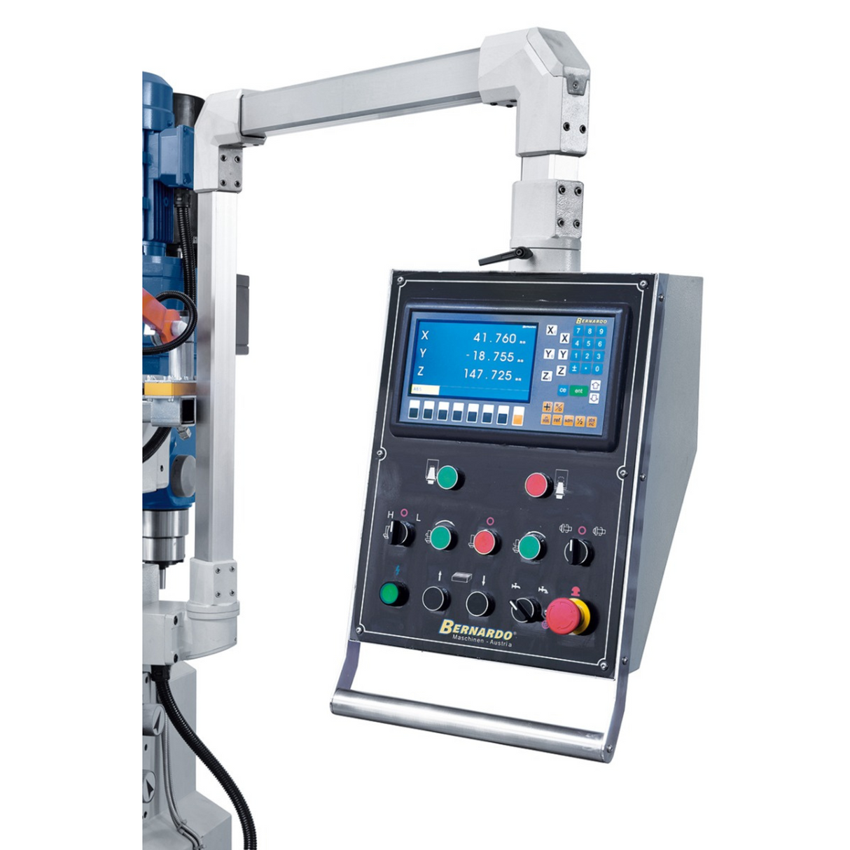 Bernardo UWF 90-1270 Universal Milling Machine with DRO ES-12 H + pneumatic clamping DIN 2080 – table 1,270 × 280 mm, ISO 40, vertical + horizontal spindles, 1.5+2.2 kW motor, 1,300 kg weight