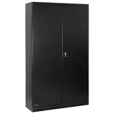Armadio Guede TYPE C Black Line in acciaio nero satinato, versione larga con 4 ripiani regolabili e ante ad ampia apertura per officine professionali.