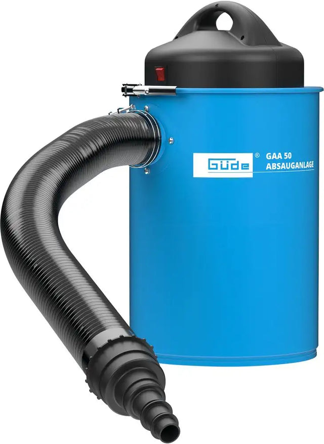 Unità di aspirazione Guede GAA 50 con motore da 1100 W, tubo da 2 m e filtri per polvere fine, ideale per macchine da legno e uso hobbistico.