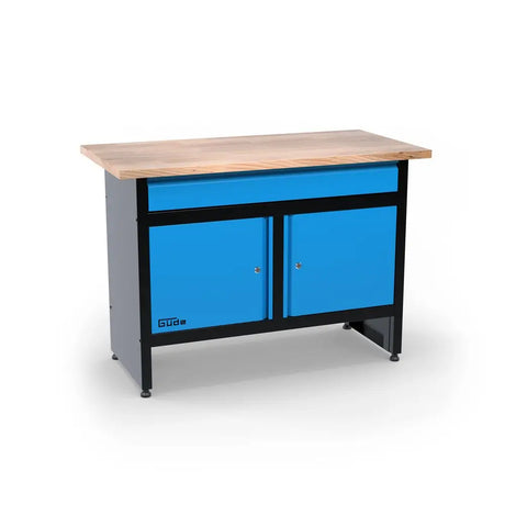 Banco da lavoro Güde GW 2T Eco Line con piano in legno di gomma massello, cassetto a estrazione totale e ante chiudibili, ideale per officina e garage.